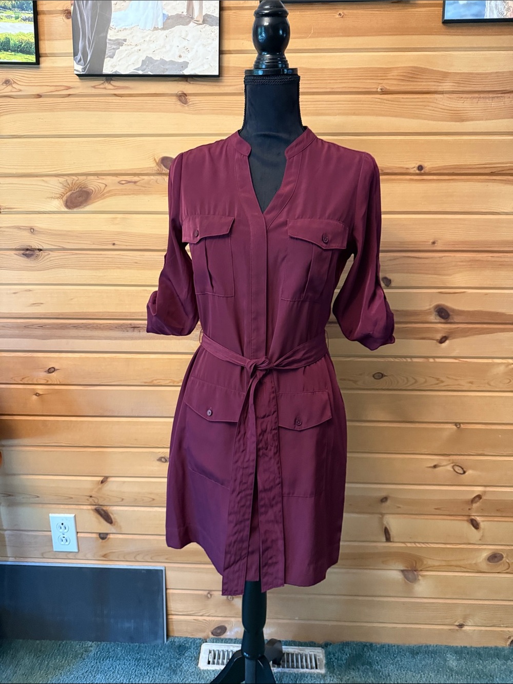 Express Burgundy Mini Shirt Dress with Self-Tie Waist